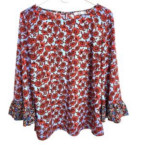 Dalia Blouse Contrasting Bell Sleeves Light Blue & Red Floral Scoop Neck…